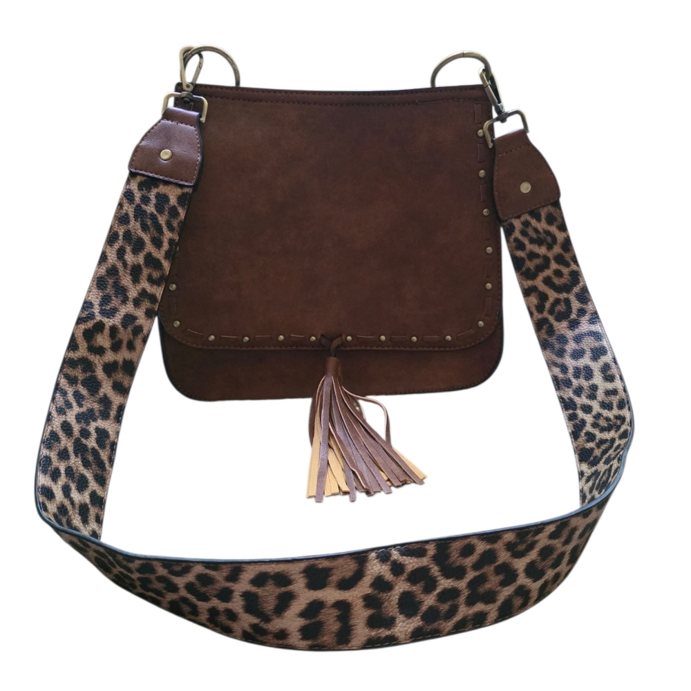 JEN&CO Brown Tassel Shoulder Bag with Leopard Strap